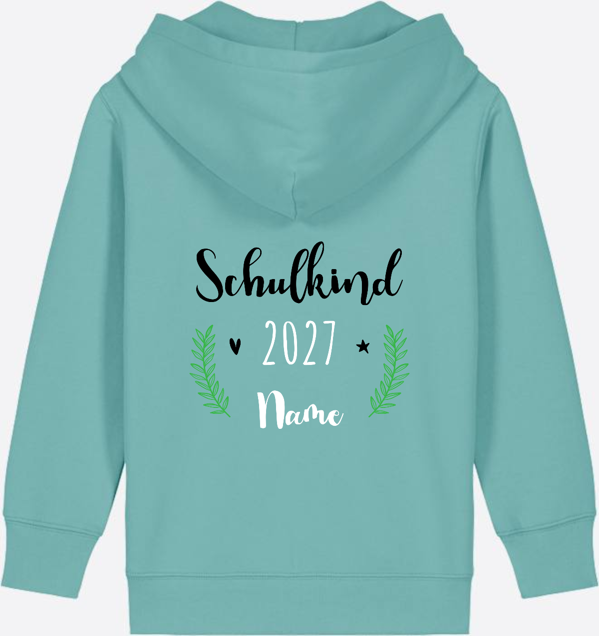 Personaliserter Schulkind Zip-Hoodie mit Wunschnamen - Teal Monstera