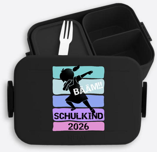 Personalisierte Brotdose Mädchen – Bääm!! Schulkind 2026 - Nordic Black