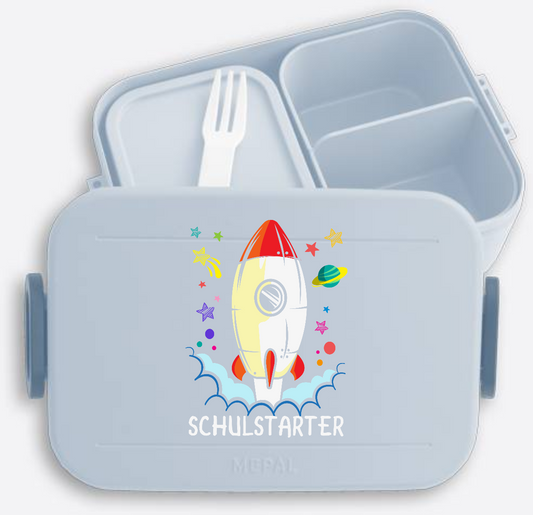 Personalisierte Brotdose zur Einschulung - Bunte Rakete - Nordic Blue