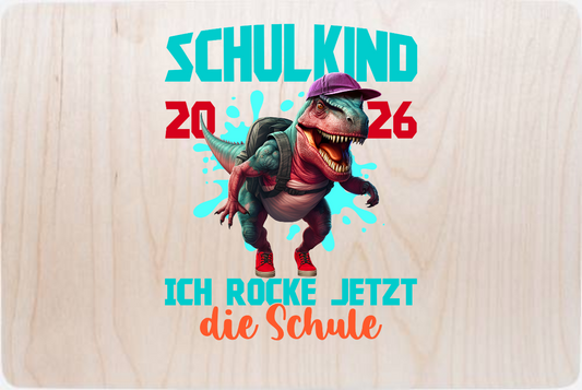 Personalisierte Erinnerungsbox Schulkind 2026 – Dino T-Rex - Holz