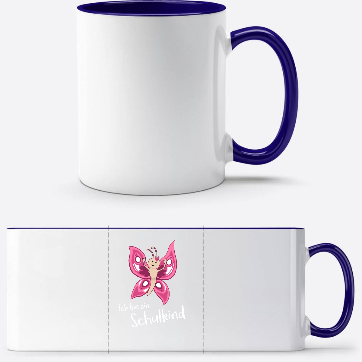 Personalisierte Schulkind Tasse Schmetterling mit Name - Weiß/Dunkelblau