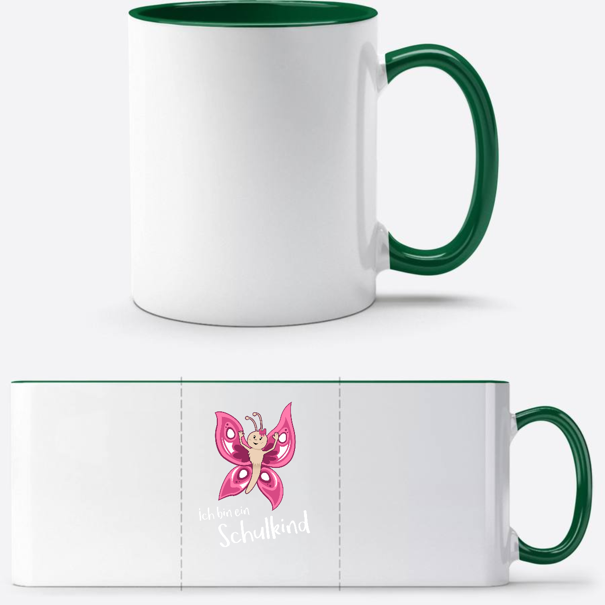 Personalisierte Schulkind Tasse Schmetterling mit Name - Weiß/Dunkelgrün