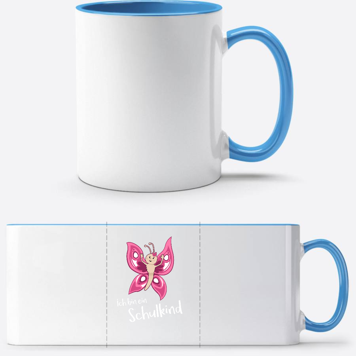 Personalisierte Schulkind Tasse Schmetterling mit Name - Weiß/Hellblau