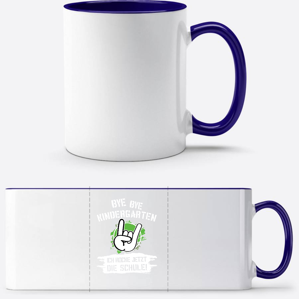 Personalisierte Tasse: Bye Bye Kindergarten, ich rocke die Schule - Weiß/Dunkelblau
