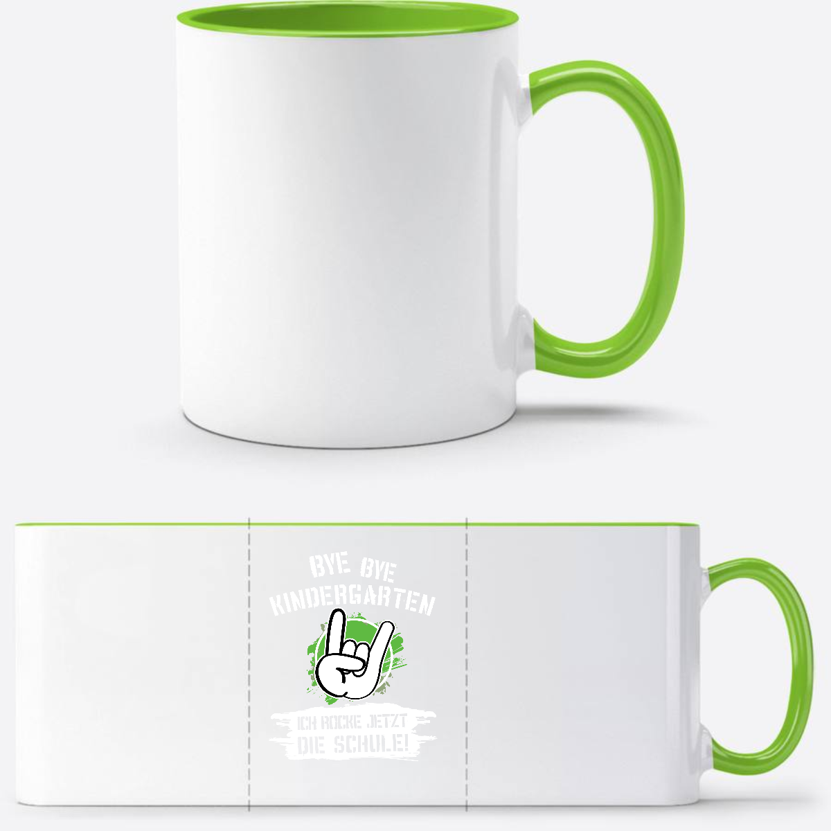 Personalisierte Tasse: Bye Bye Kindergarten, ich rocke die Schule - Weiß/Grün