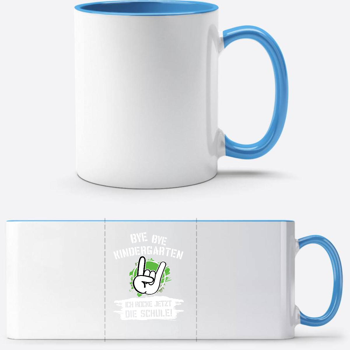 Personalisierte Tasse: Bye Bye Kindergarten, ich rocke die Schule - Weiß/Hellblau