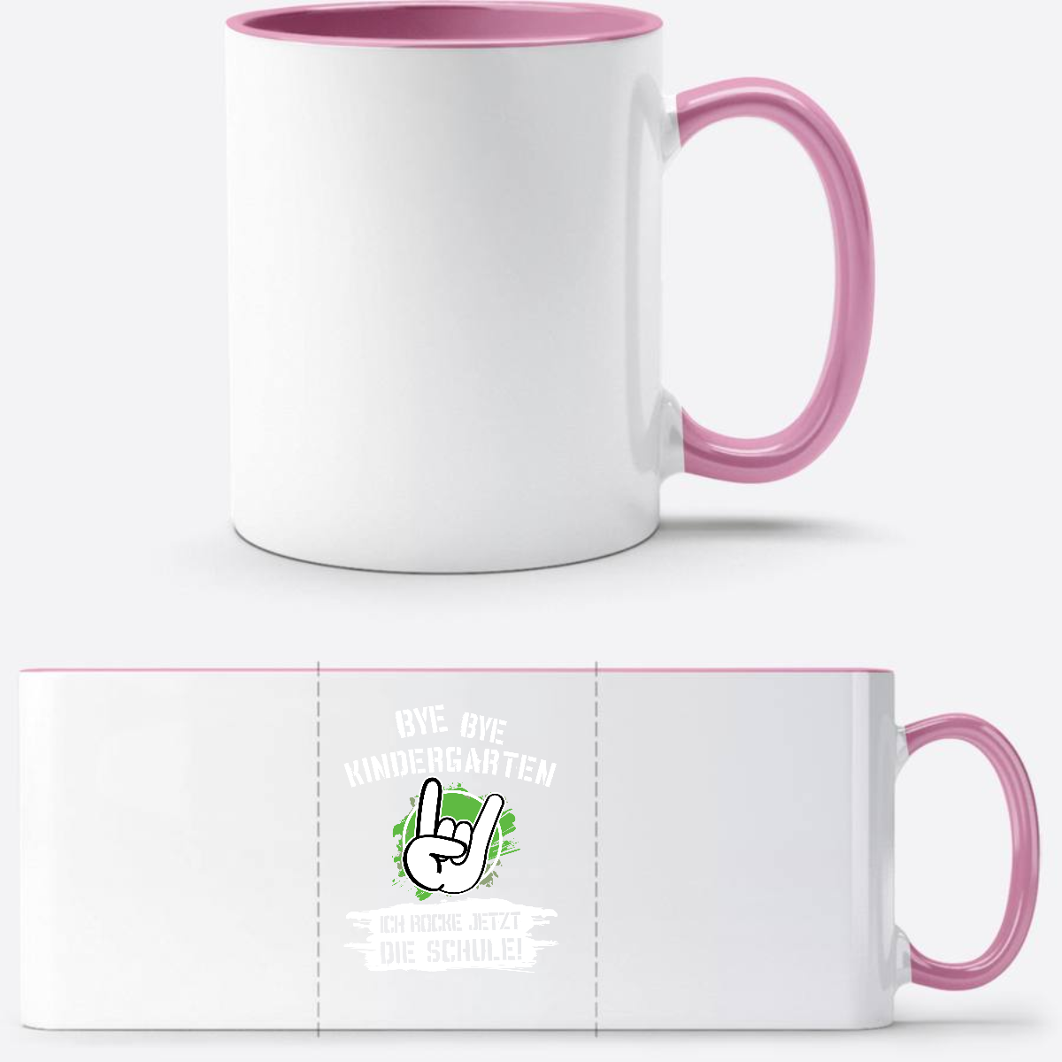 Personalisierte Tasse: Bye Bye Kindergarten, ich rocke die Schule - Weiss/Rosa