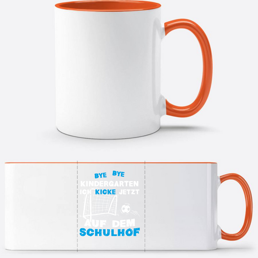 Personalisierte Tasse Einschulung – Bye Bye Kindergarten Fußball - Weiß/Orange