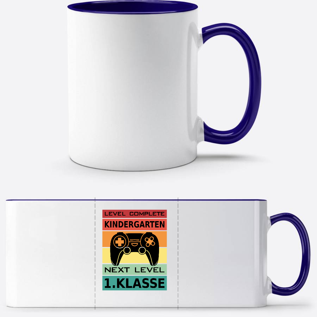 Personalisierte Tasse Einschulung: Next Level 1. Klasse - Weiß/Dunkelblau