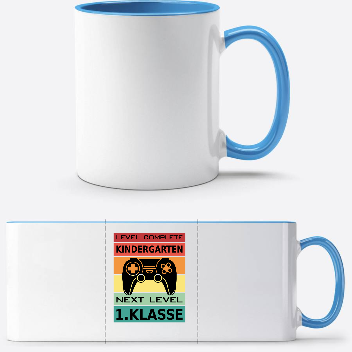 Personalisierte Tasse Einschulung: Next Level 1. Klasse - Weiß/Hellblau