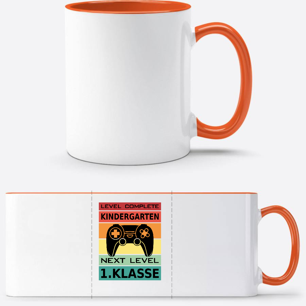 Personalisierte Tasse Einschulung: Next Level 1. Klasse - Weiß/Orange