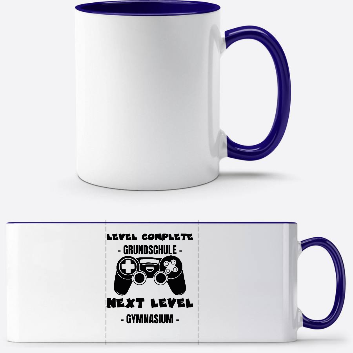 Personalisierte Tasse: Level Complete – Next Level Gymnasium - Weiß/Dunkelblau