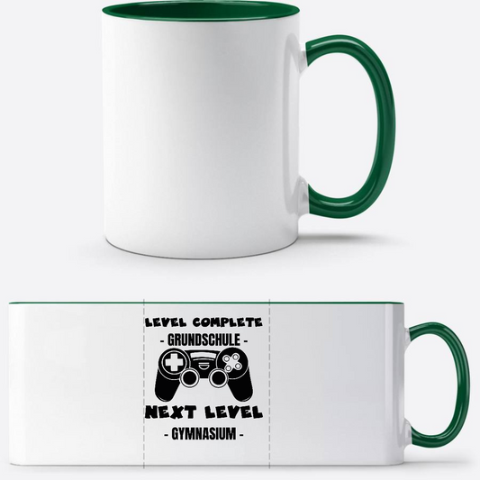 Personalisierte Tasse: Level Complete – Next Level Gymnasium - Weiß/Dunkelgrün