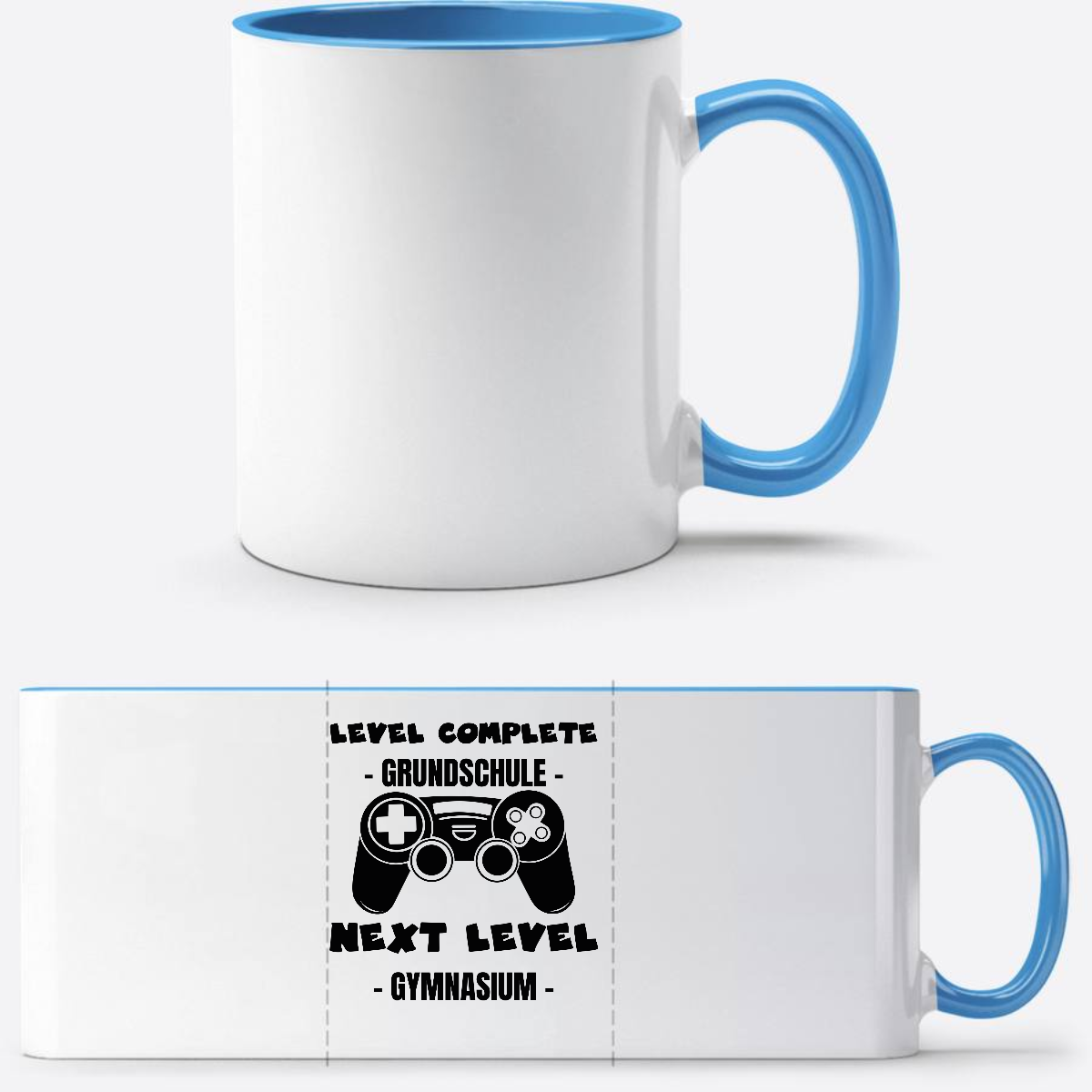 Personalisierte Tasse: Level Complete – Next Level Gymnasium - Weiß/Hellblau