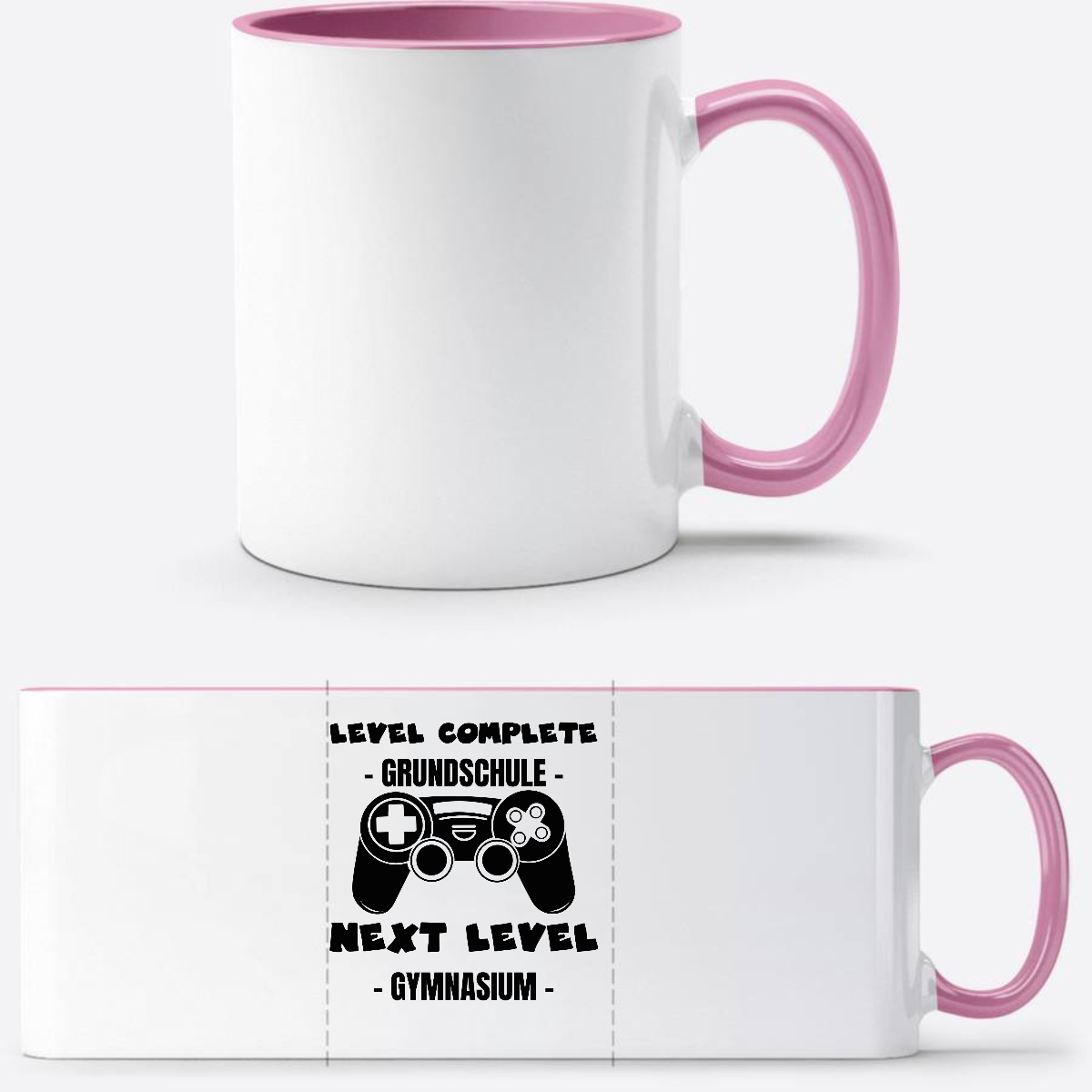 Personalisierte Tasse: Level Complete – Next Level Gymnasium - Weiss/Rosa
