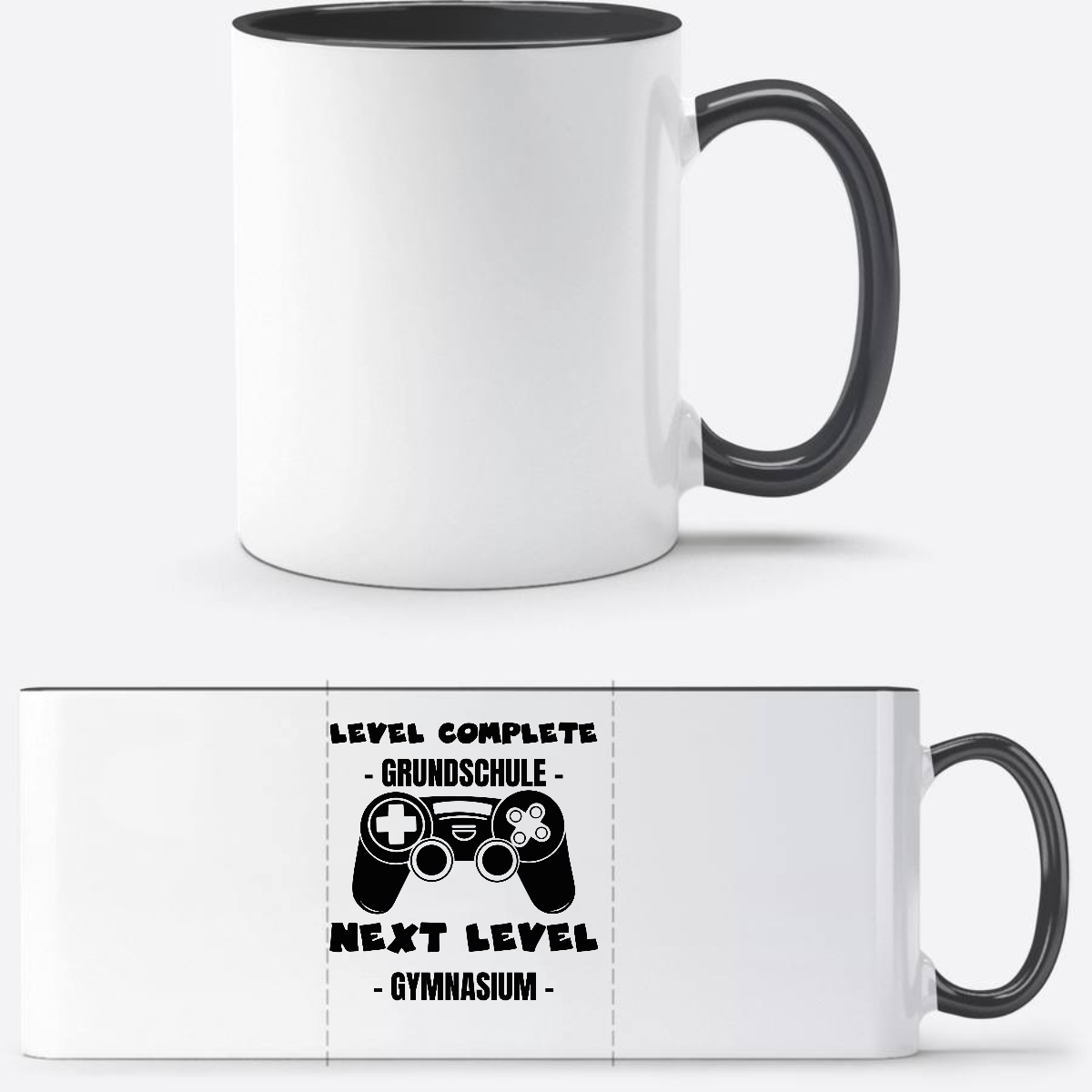 Personalisierte Tasse: Level Complete – Next Level Gymnasium - Weiß/Schwarz