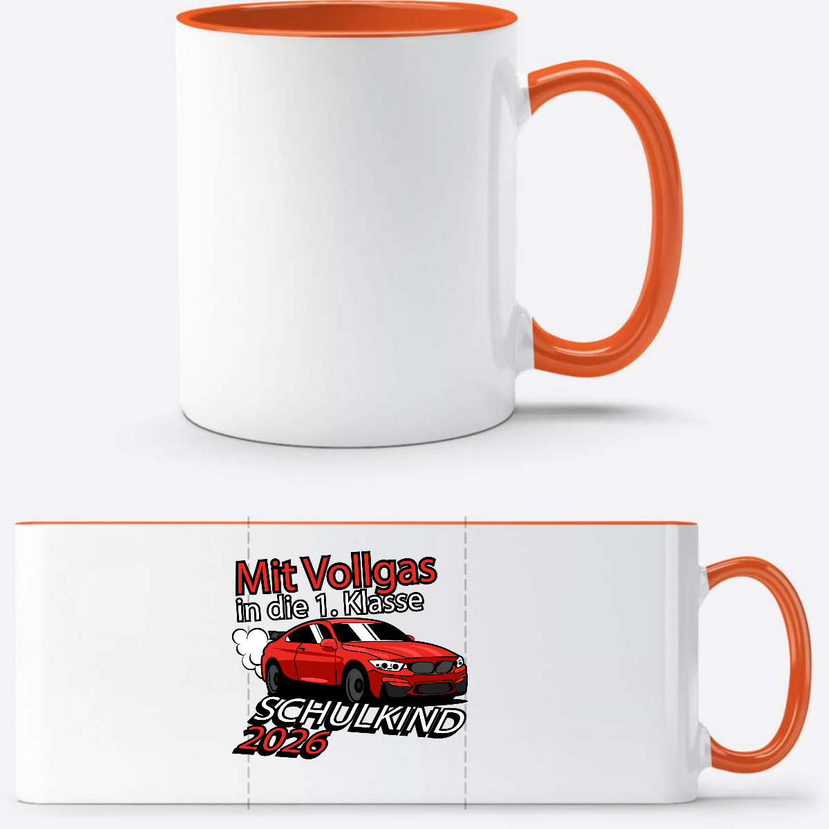 Personalisierte Tasse: Mit Vollgas in die 1. Klasse 2026 - Weiß/Orange