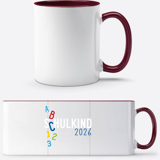 Personalisierte Tasse Schulkind 2026 ABC – Geschenk zur Einschulung - White/Bordeaux