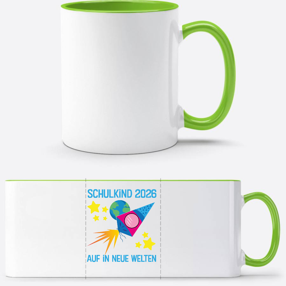 Personalisierte Tasse Schulkind 2026 – Auf in neue Welten - Weiß/Grün