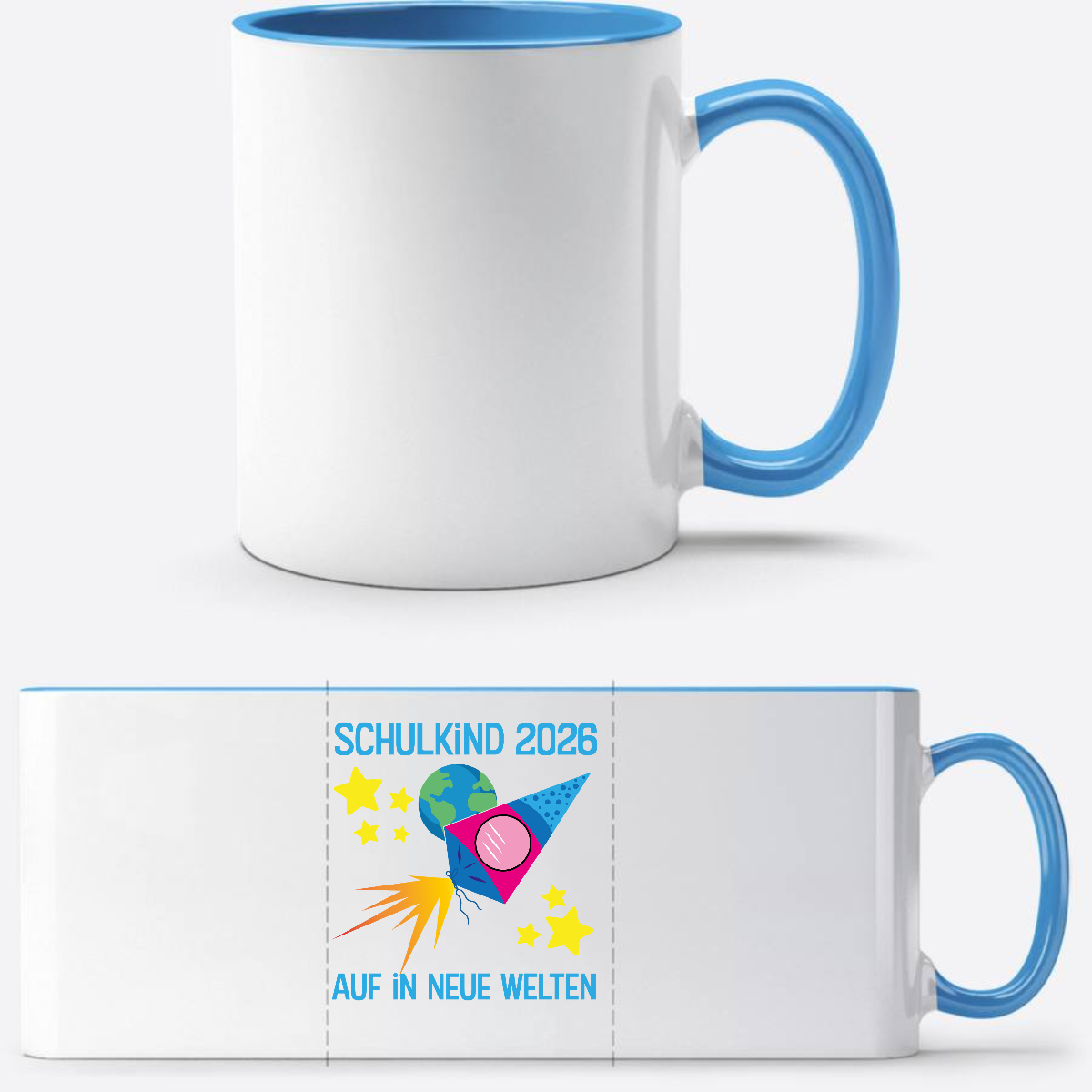 Personalisierte Tasse Schulkind 2026 – Auf in neue Welten - Weiß/Hellblau