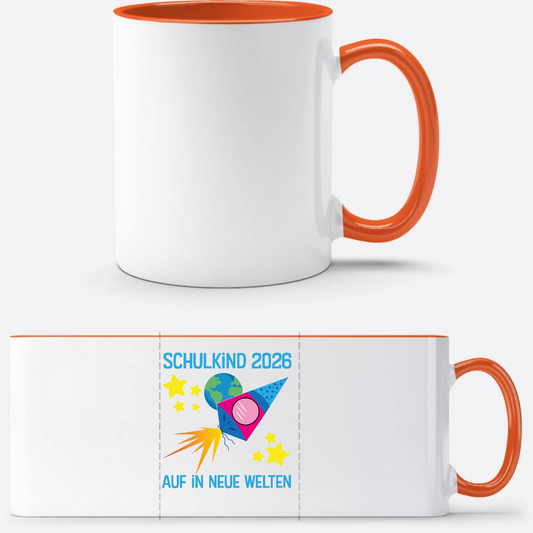 Personalisierte Tasse Schulkind 2026 – Auf in neue Welten - Weiß/Orange