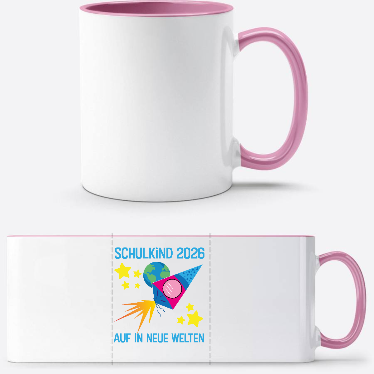Personalisierte Tasse Schulkind 2026 – Auf in neue Welten - Weiss/Rosa