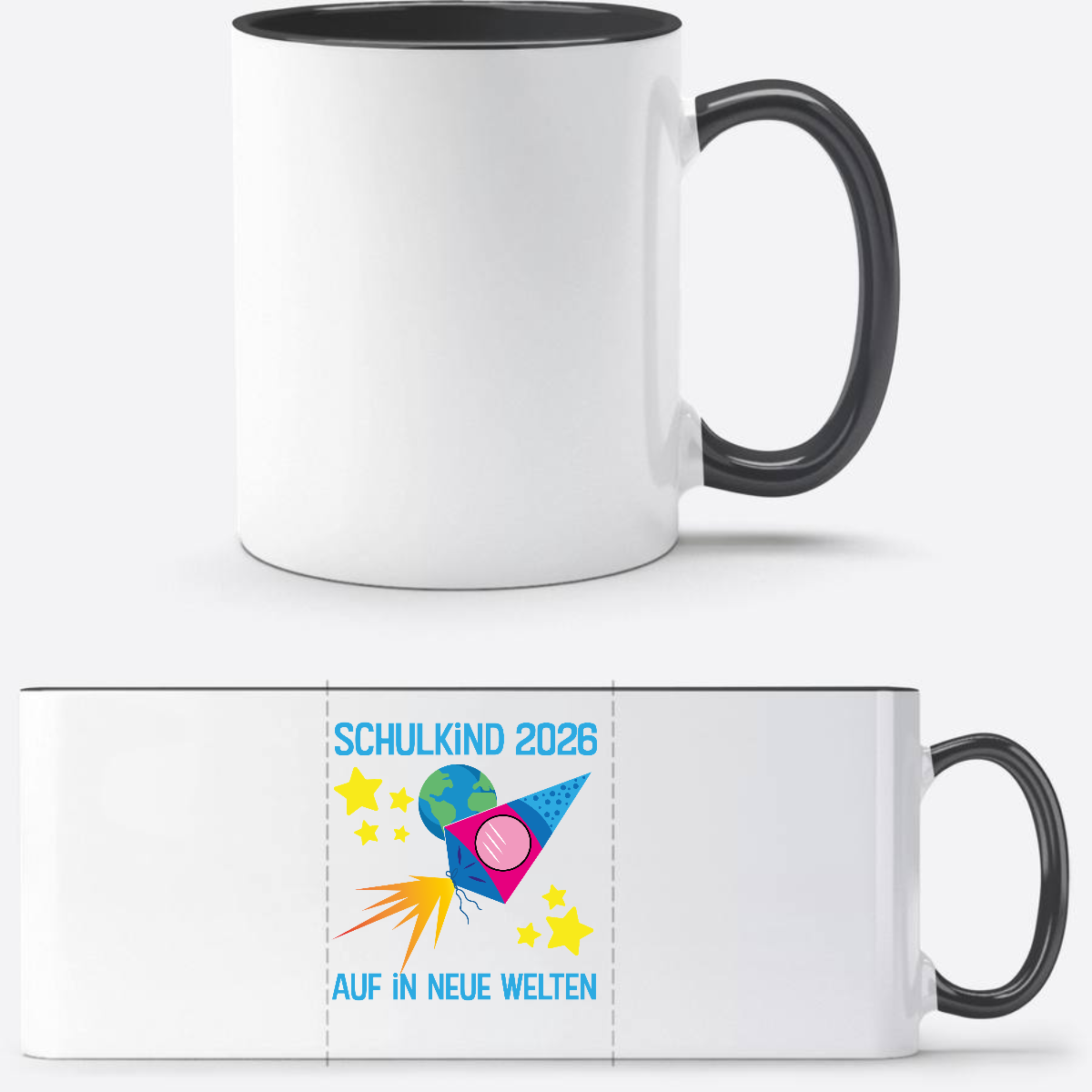 Personalisierte Tasse Schulkind 2026 – Auf in neue Welten - Weiß/Schwarz