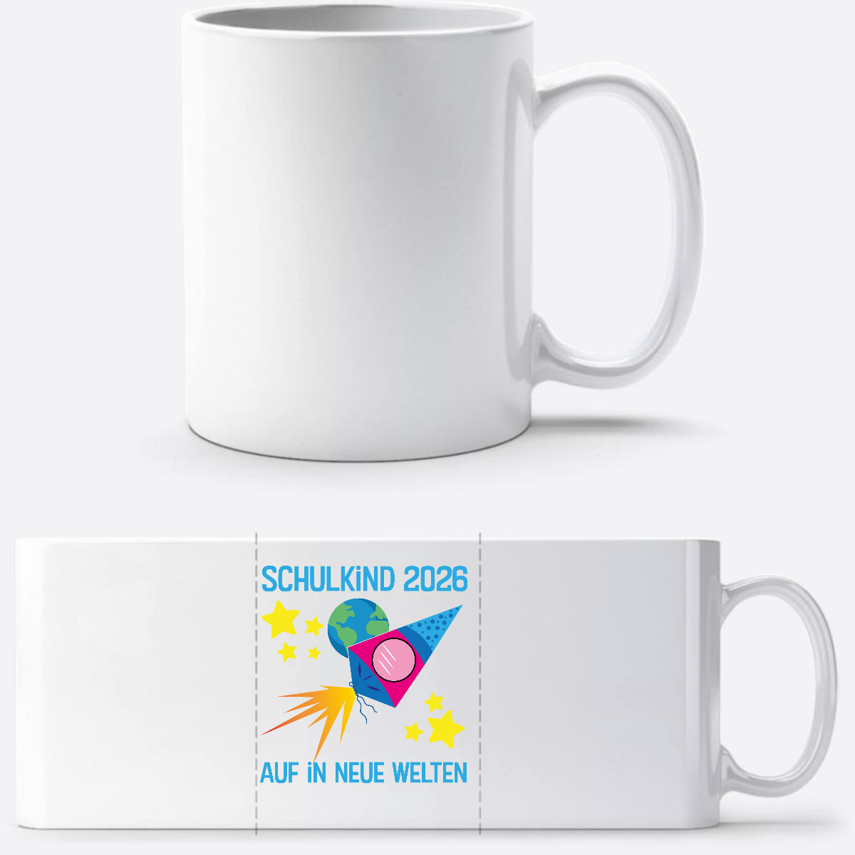Personalisierte Tasse Schulkind 2026 – Auf in neue Welten - Weiß