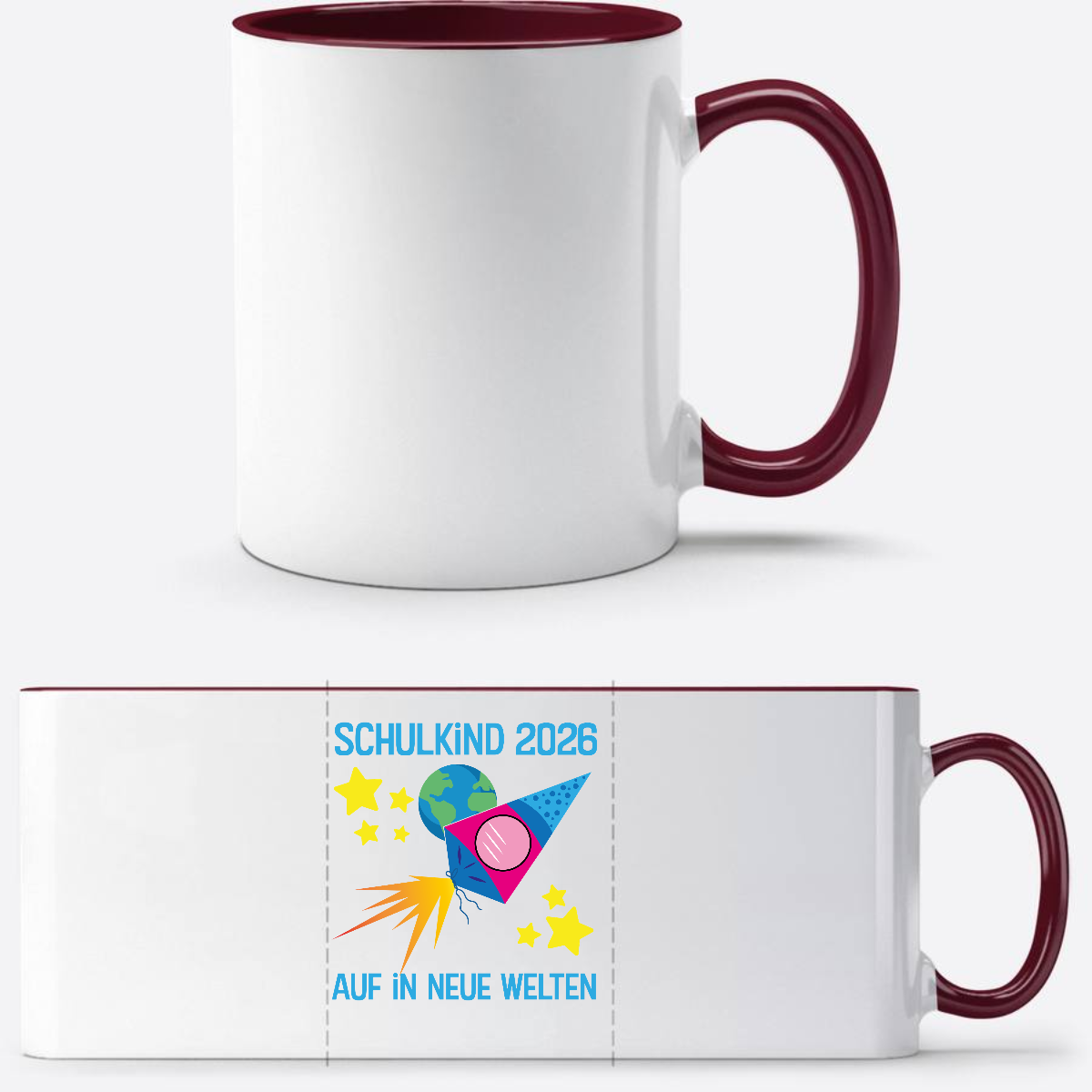 Personalisierte Tasse Schulkind 2026 – Auf in neue Welten - White/Bordeaux