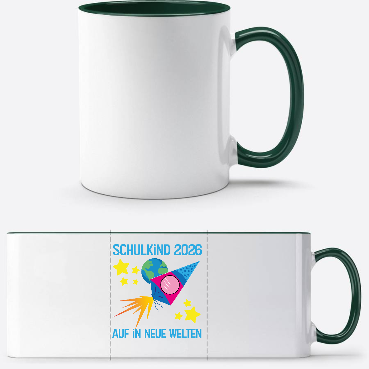Personalisierte Tasse Schulkind 2026 – Auf in neue Welten - White/Petrol