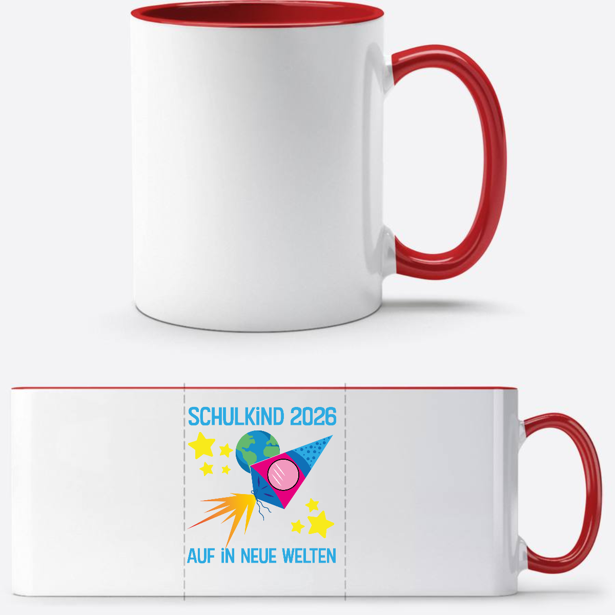 Personalisierte Tasse Schulkind 2026 – Auf in neue Welten - White/Red