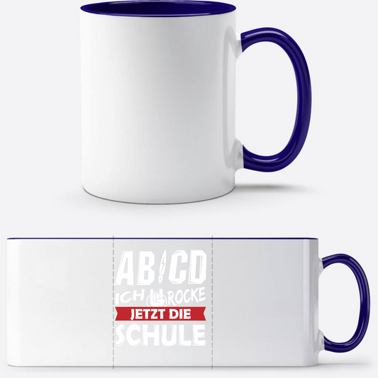 Personalisierte Tasse zur Einschulung – Ich rocke die Schule - Weiß/Dunkelblau