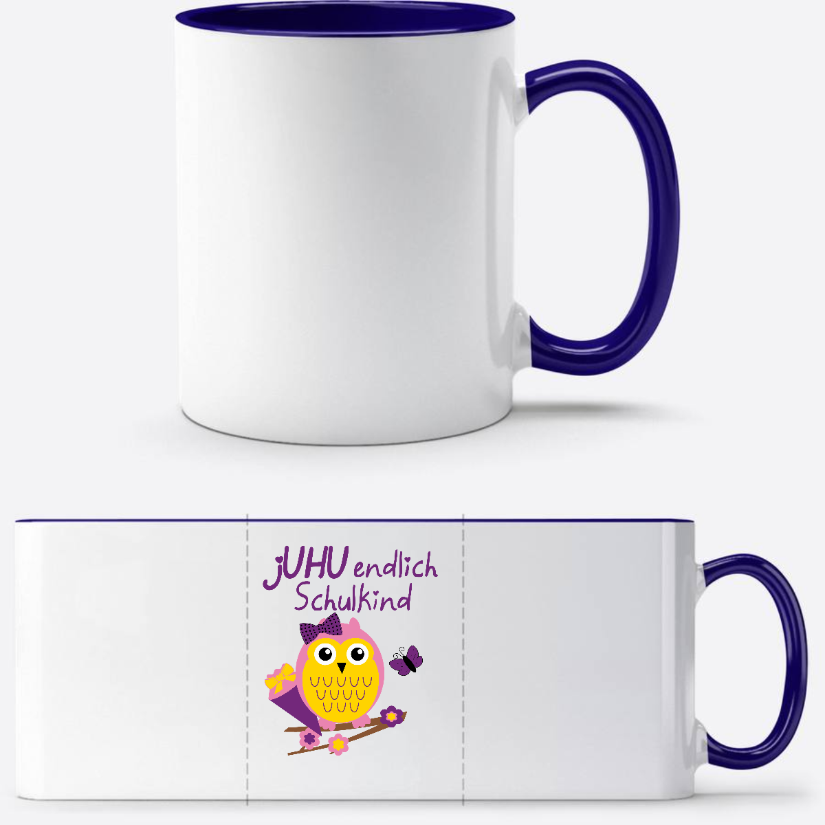 Personalisierte Tasse zur Einschulung – Juhu Eule Schulkind - Weiß/Dunkelblau