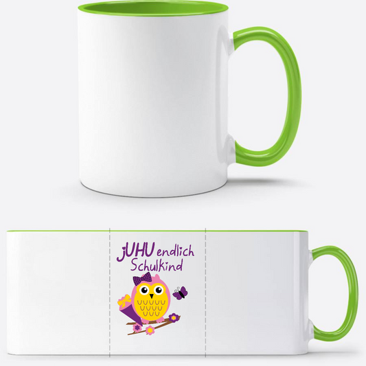 Personalisierte Tasse zur Einschulung – Juhu Eule Schulkind - Weiß/Grün