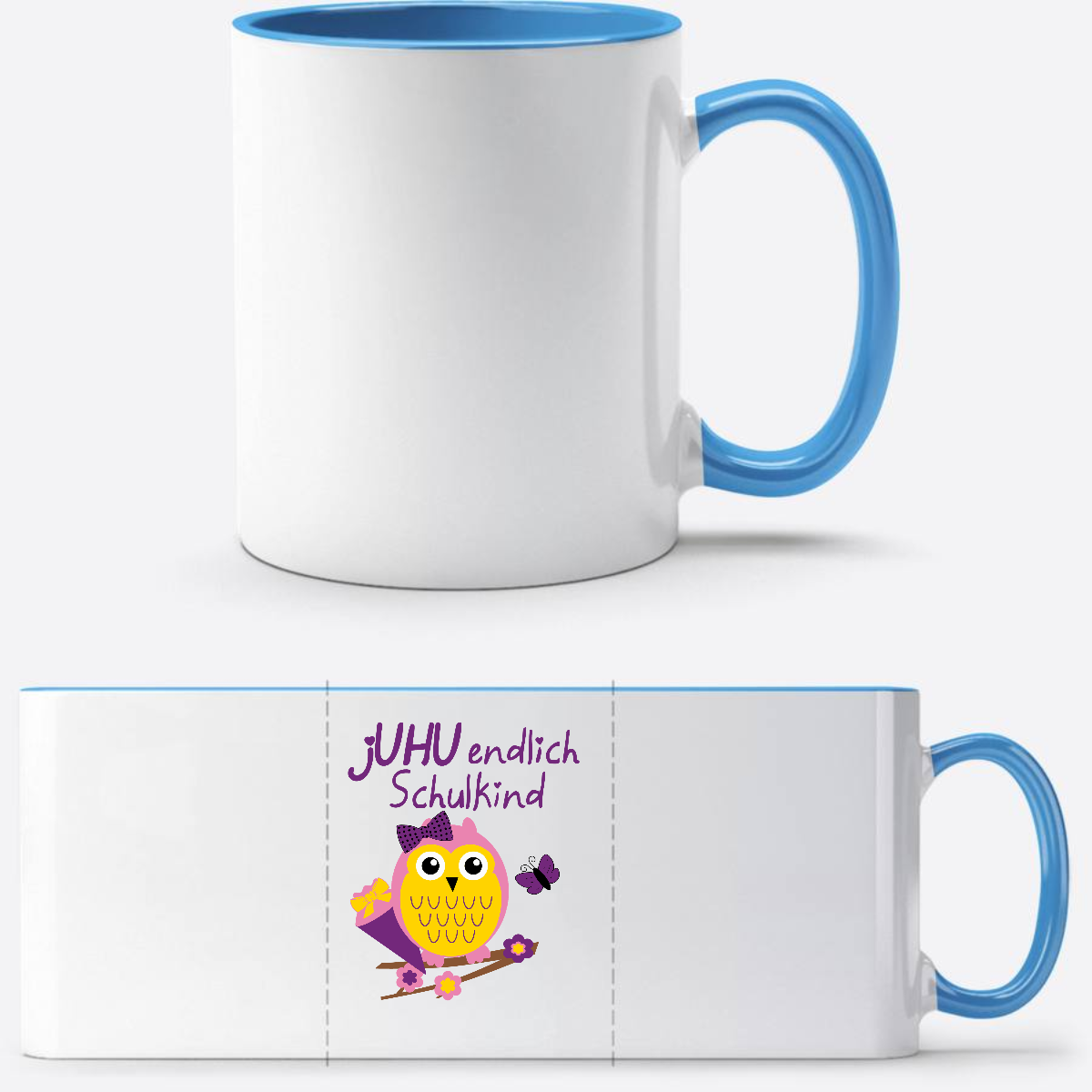 Personalisierte Tasse zur Einschulung – Juhu Eule Schulkind - Weiß/Hellblau