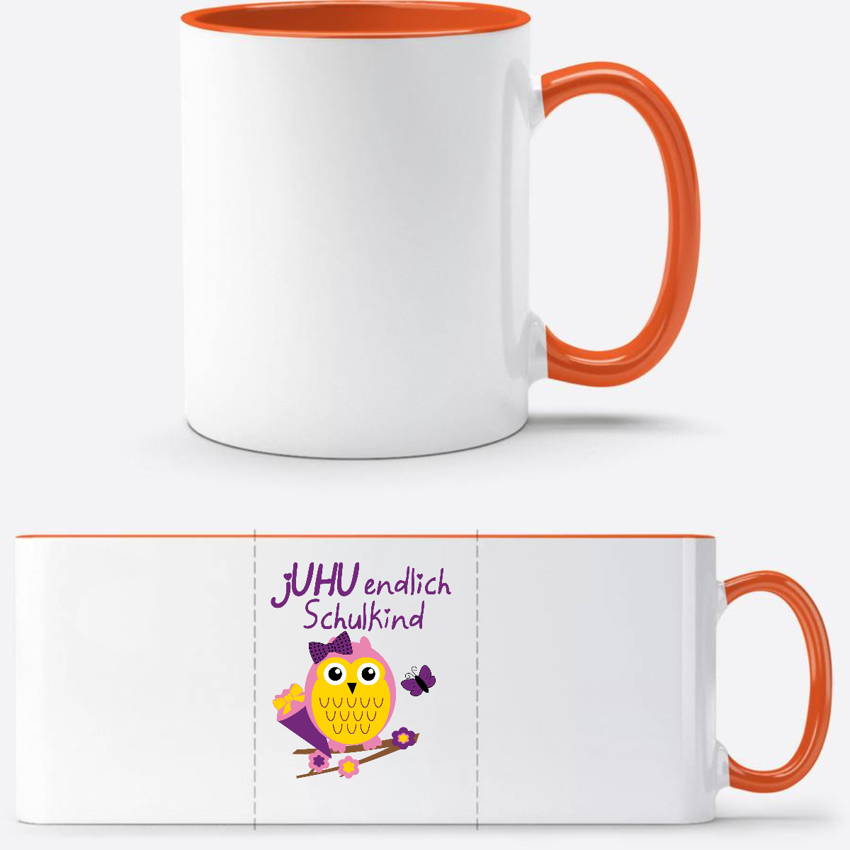 Personalisierte Tasse zur Einschulung – Juhu Eule Schulkind - Weiß/Orange