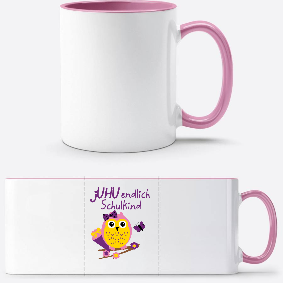 Personalisierte Tasse zur Einschulung – Juhu Eule Schulkind - Weiss/Rosa