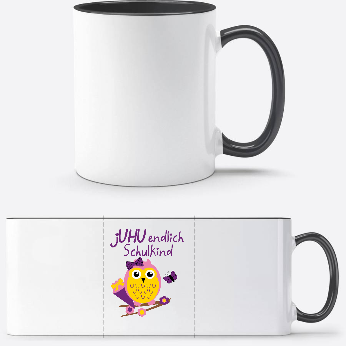 Personalisierte Tasse zur Einschulung – Juhu Eule Schulkind - Weiß/Schwarz