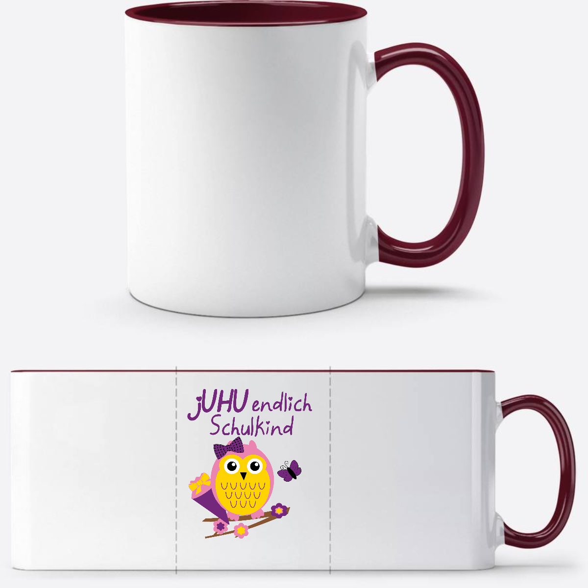 Personalisierte Tasse zur Einschulung – Juhu Eule Schulkind - White/Bordeaux