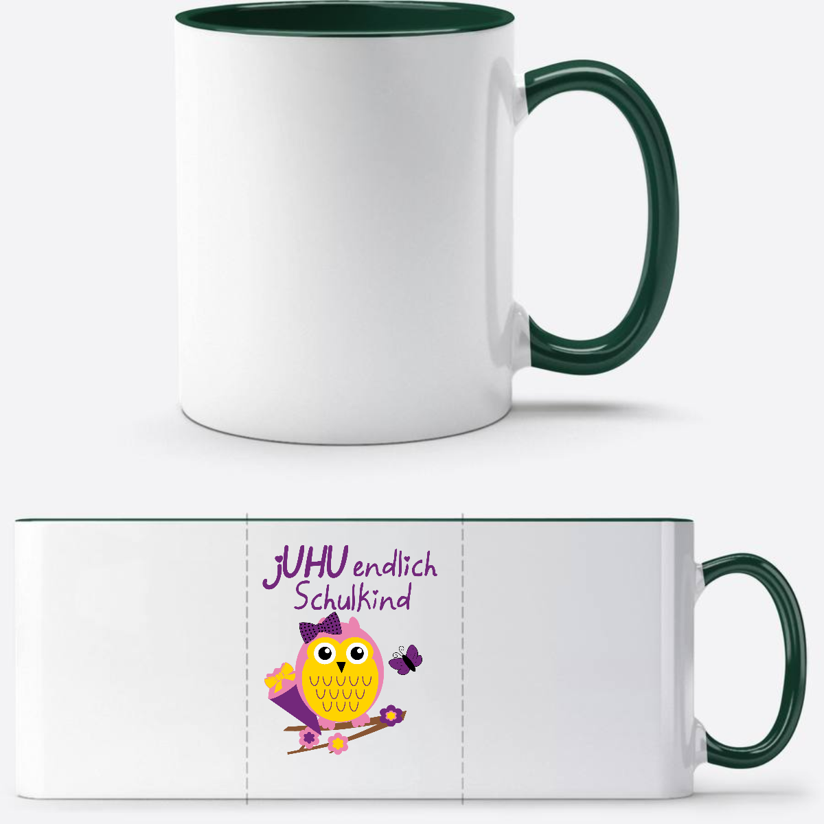 Personalisierte Tasse zur Einschulung – Juhu Eule Schulkind - White/Petrol