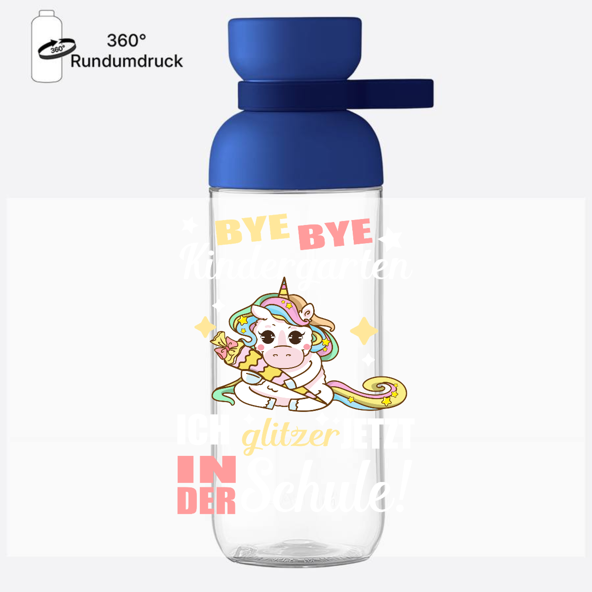 Personalisierte Trinkflasche – Einhorn Bye Bye Kindergarten - Vivid Blue