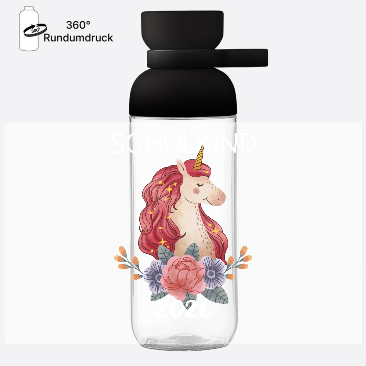 Personalisierte Trinkflasche Schulkind 2026 – Einhorn - Nordic Black