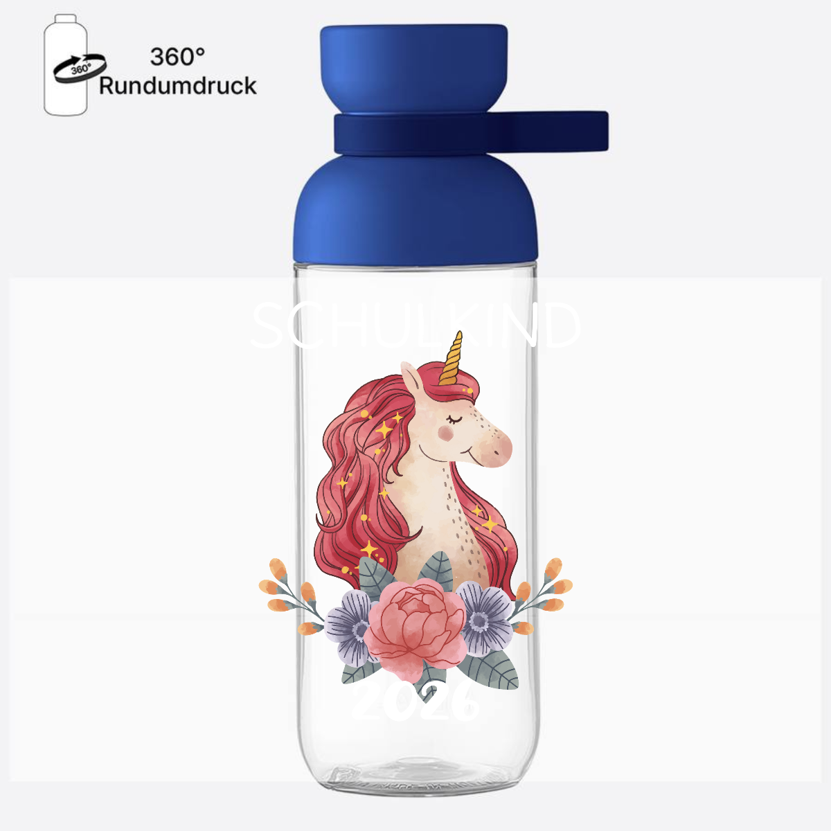 Personalisierte Trinkflasche Schulkind 2026 – Einhorn - Vivid Blue