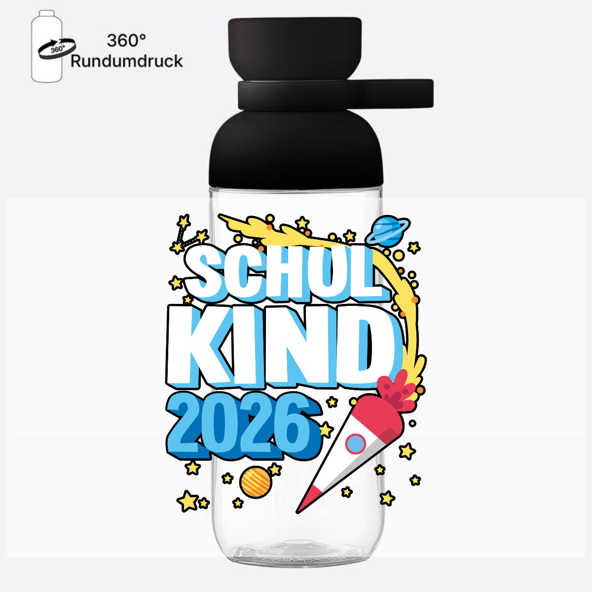 Personalisierte Trinkflasche Schulkind 2026 – Rakete - Nordic Black
