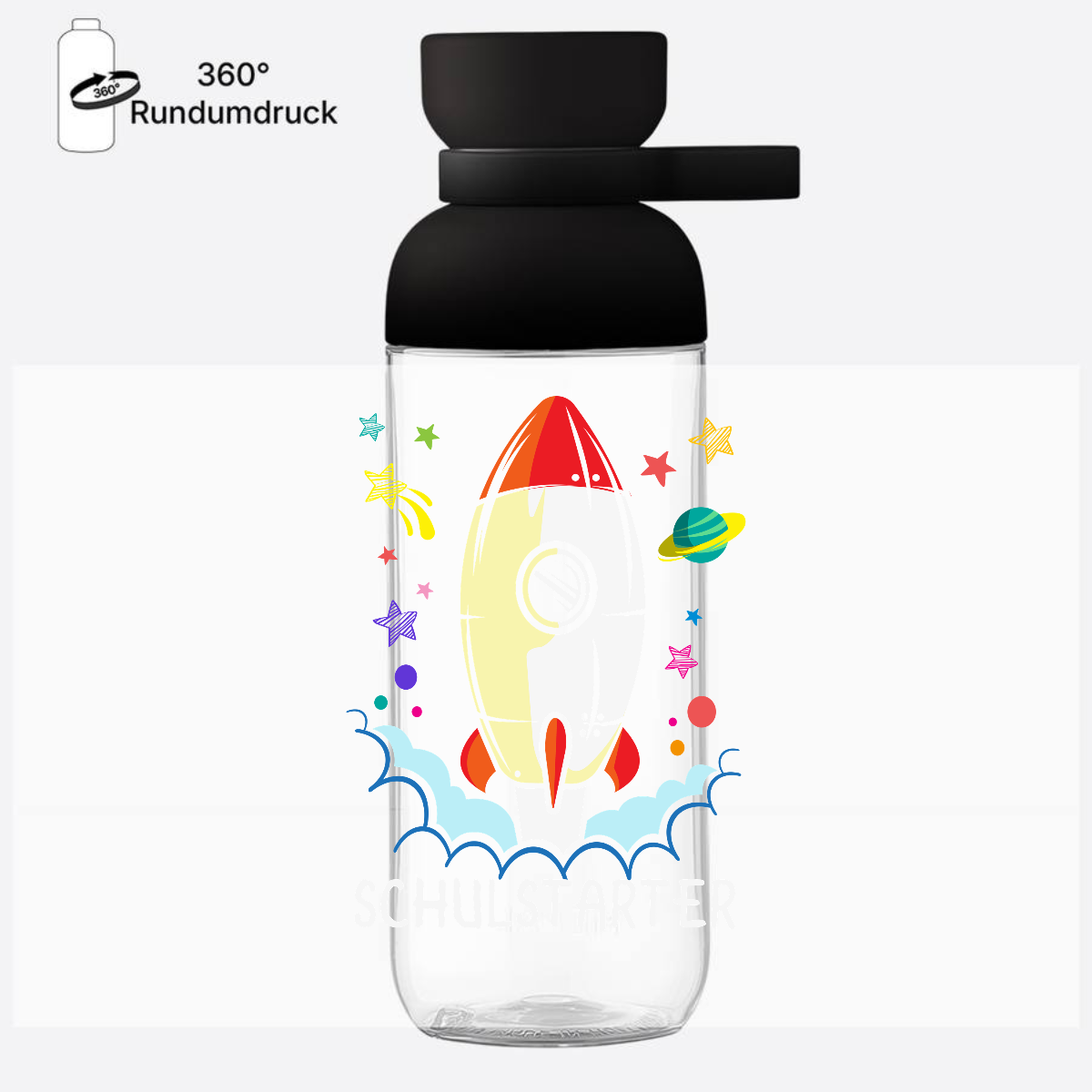 Personalisierte Trinkflasche zur Einschulung - Bunte Rakete - Nordic Black