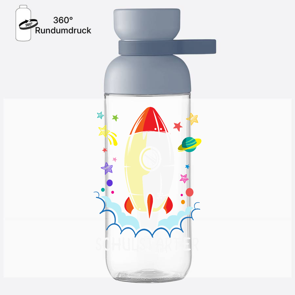 Personalisierte Trinkflasche zur Einschulung - Bunte Rakete - Nordic Blue