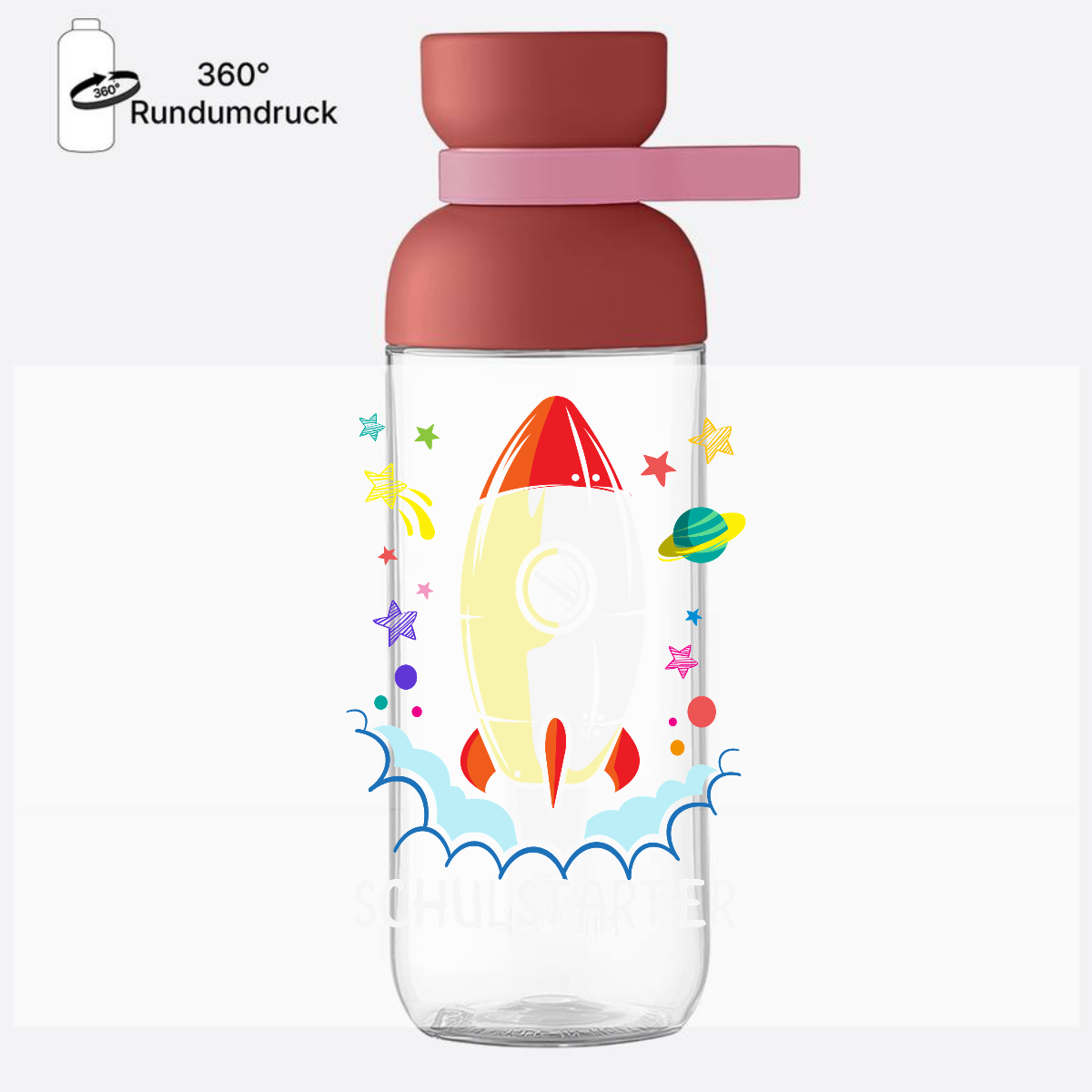 Personalisierte Trinkflasche zur Einschulung - Bunte Rakete - Vivid Mauve