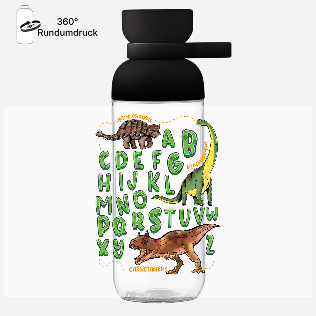 Personalisierte Trinkflasche zur Einschulung: Dino-Alphabet - Nordic Black