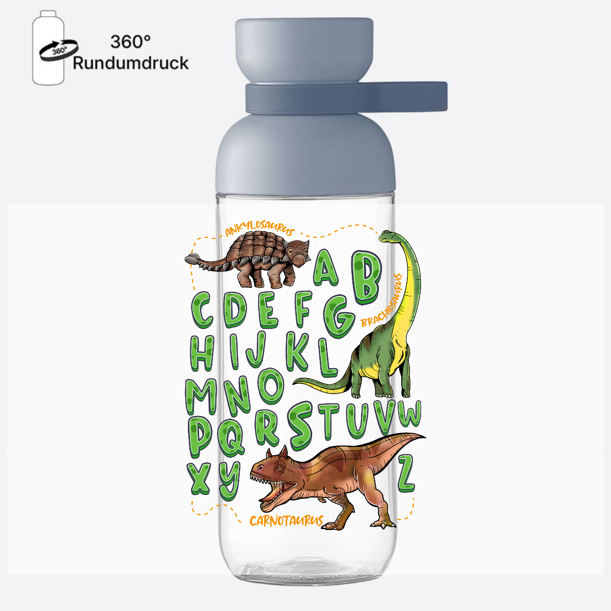 Personalisierte Trinkflasche zur Einschulung: Dino-Alphabet - Nordic Blue