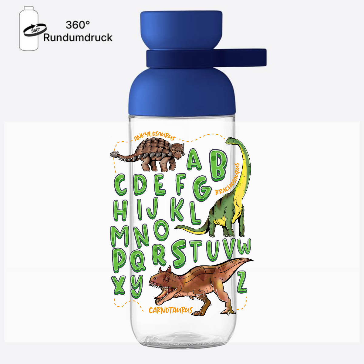 Personalisierte Trinkflasche zur Einschulung: Dino-Alphabet - Vivid Blue